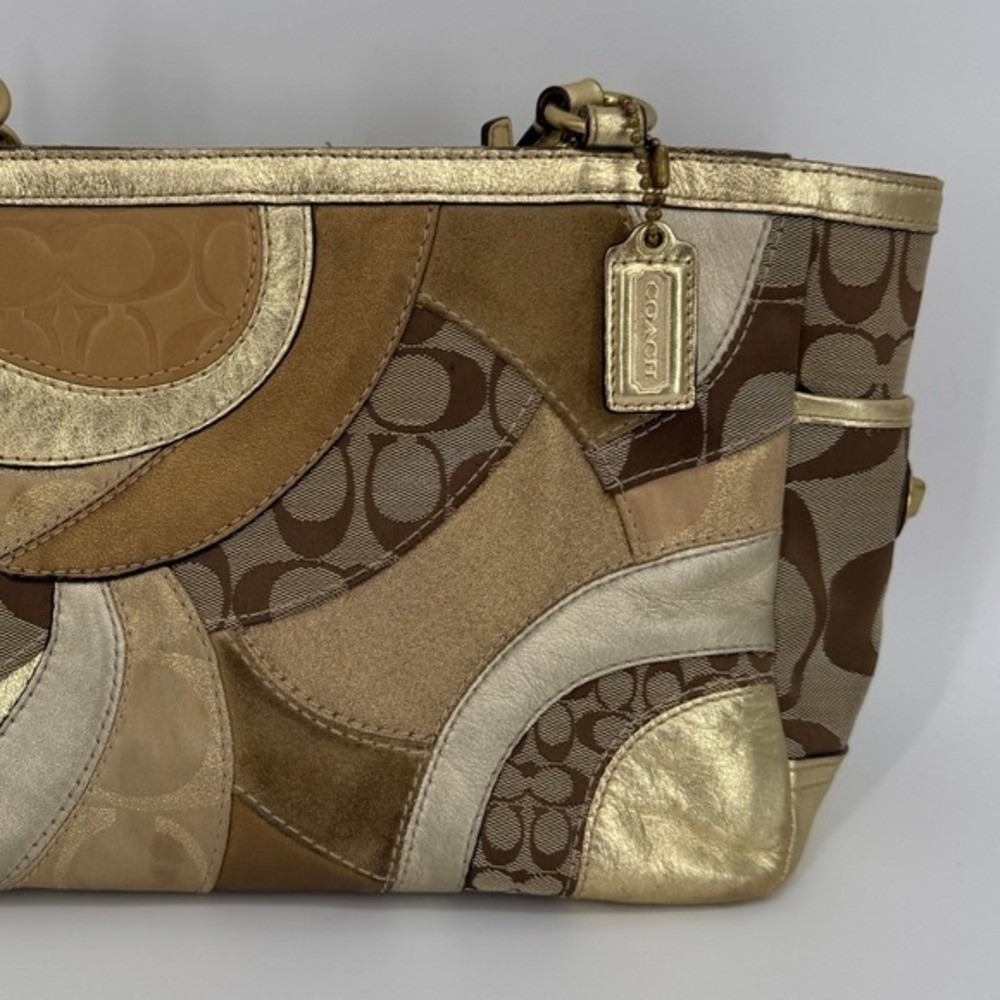 Coach Patchwork Signature Metallic Gold Brown Tote Shoulder Bag F14004 Boho Y2K - Picture 5 of 16